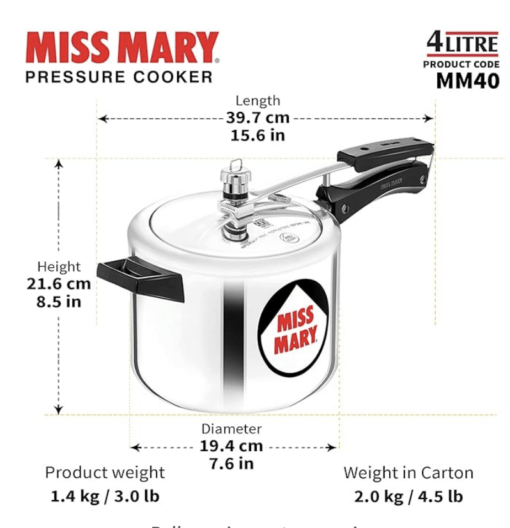 Hawkins Miss Mary Aluminium Inner Lid Pressure Cooker, 4 Litre, Silver (MM40) - Image 2